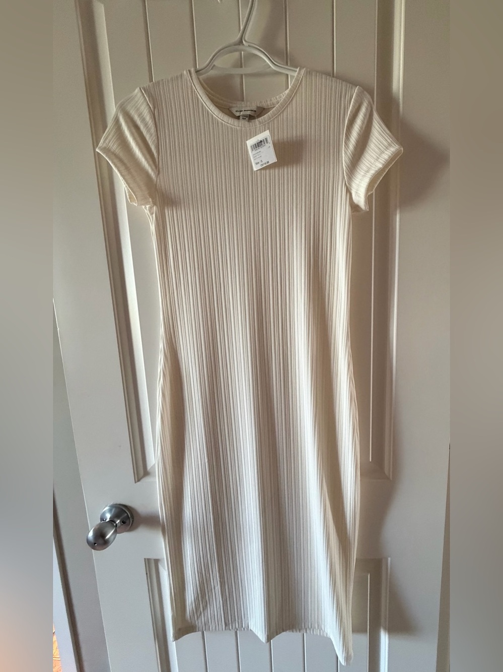 Ribbed Short-Sleeve Cream Midi Dress